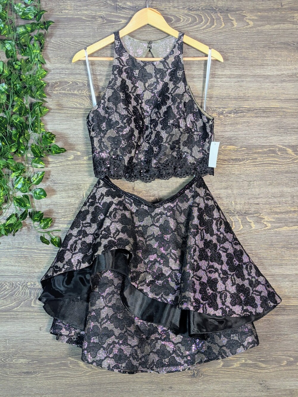 NWT Ellie Wilde Black Lace 2 Piece High Low Formal Dress 12
